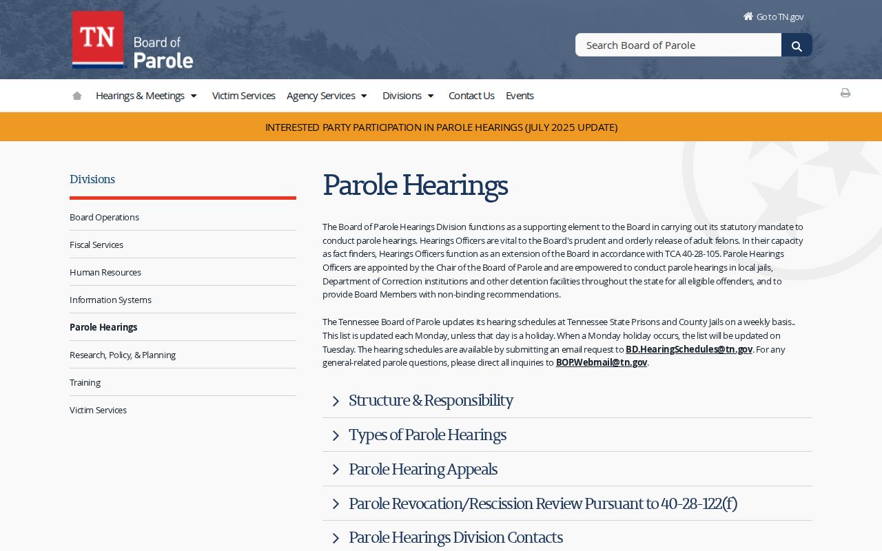 Bradley County parole hearing schedule and contact lookup
